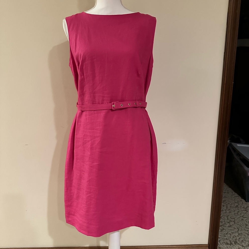 Ann Taylor Fuchsia Belted Linen Blend Midi Dress